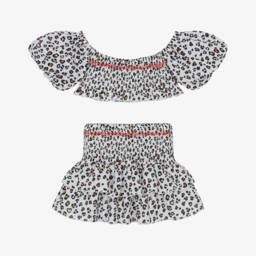 Monnalisa-Girls Brown Leopard Cotton Skirt Ensemble | Childrensalon Outlet