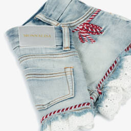 Monnalisa-شورت جينز للبنات مزين بأشرطة ودانتيل | Childrensalon Outlet