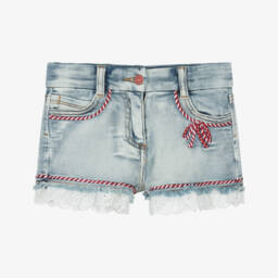 Monnalisa-شورت جينز للبنات مزين بأشرطة ودانتيل | Childrensalon Outlet