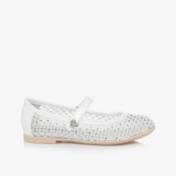 Monnalisa-Girls Elegant White Mesh Sparkle Flats | Childrensalon Outlet