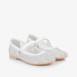 Monnalisa-Girls Elegant White Mesh Sparkle Flats | Childrensalon Outlet