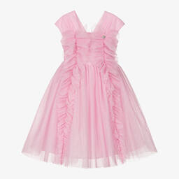 Monnalisa Chic-Girls Glittery Pink Tulle Ruffle Dress | Childrensalon Outlet