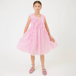 Monnalisa Chic-Girls Glittery Pink Tulle Ruffle Dress | Childrensalon Outlet