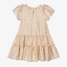 Monnalisa-فستان بروكاد لوريكس لون ذهبي بطبعة ورود | Childrensalon Outlet