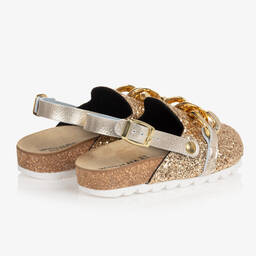 Monnalisa-Золотистые блестящие мюли с цепочками | Childrensalon Outlet