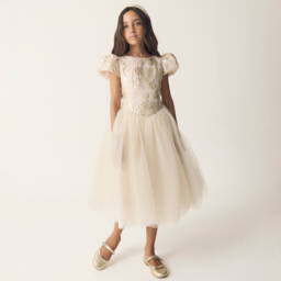 Monnalisa-Girls Gold Organza Rose Dress | Childrensalon Outlet