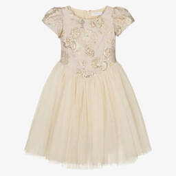 Monnalisa-Girls Gold Organza Rose Dress | Childrensalon Outlet