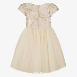 Monnalisa-Girls Gold Organza Rose Dress | Childrensalon Outlet