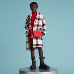 موناليزا-معطف مزيج قطن وتارتان لون عاجي وأسود وأحمر | Childrensalon Outlet