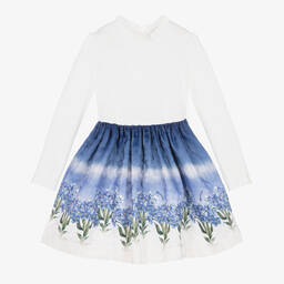 Monnalisa-Girls Ivory & Blue Floral Print Dress | Childrensalon Outlet