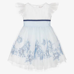 Monnalisa-Girls Ivory & Blue Floral Tulle Dress | Childrensalon Outlet