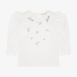 Monnalisa Шик-Кремовая хлопковая блузка с цветами из стразов для девочек | Childrensalon Outlet
