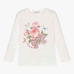 Monnalisa-Girls Ivory Cotton Floral Top | Childrensalon Outlet