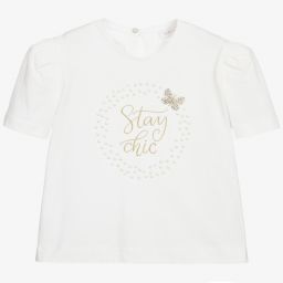 Monnalisa-Girls Ivory Cotton T-Shirt | Childrensalon Outlet