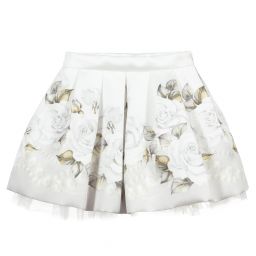 Monnalisa-تنورة ساتين تويل لون عاجي بطبعة ورود | Childrensalon Outlet