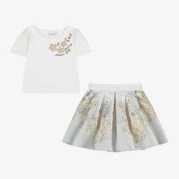 Monnalisa-Girls Ivory & Gold Floral Skirt Set | Childrensalon Outlet