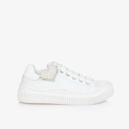 Monnalisa-Girls Ivory Heart-Embellished Sneakers | Childrensalon Outlet