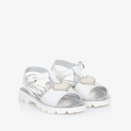 Monnalisa-Кремовые кожаные сандалии с сердечками для девочек | Childrensalon Outlet