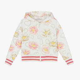 Monnalisa-Girls Ivory & Pink Cotton Floral Zip-Up Top | Childrensalon Outlet