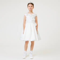 Monnalisa Chic-فستان ساتان تويل لون عاجي مزين بكشكش | Childrensalon Outlet