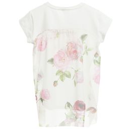 Monnalisa Chic-Girls Ivory Vintage Rose T-Shirt with Mesh Back | Childrensalon Outlet