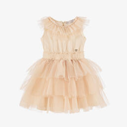 Monnalisa-Girls Layered Tulle Beige Gown | Childrensalon Outlet