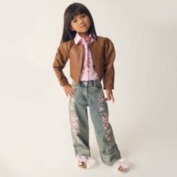 Monnalisa-Girls Light Indigo Blossom Trousers | Childrensalon Outlet