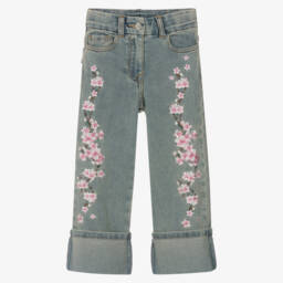 Monnalisa-Girls Light Indigo Blossom Trousers | Childrensalon Outlet