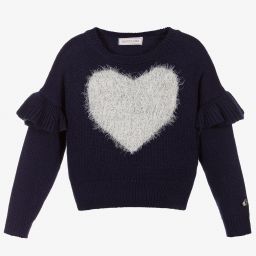Monnalisa-Girls Navy Blue Heart Sweater | Childrensalon Outlet