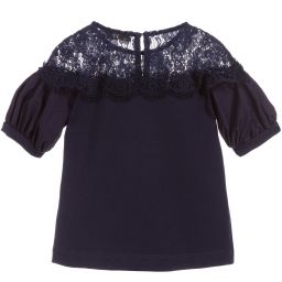 Monnalisa Chic-بلوز قطن ودانتيل لون كحلي للبنات | Childrensalon Outlet