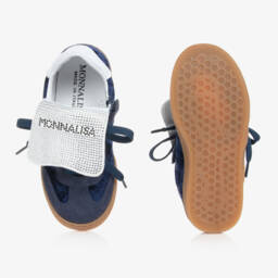 Monnalisa-Girls Navy Velvet & Leather Trainers | Childrensalon Outlet