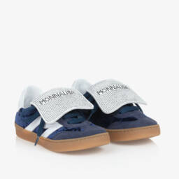Monnalisa-Girls Navy Velvet & Leather Trainers | Childrensalon Outlet