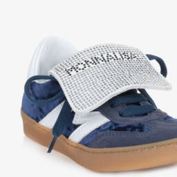 Monnalisa-Girls Navy Velvet & Leather Trainers | Childrensalon Outlet