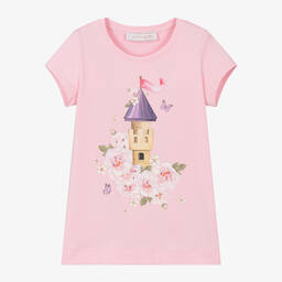 Monnalisa-Girls Pink Cotton Princess Castle T-Shirt | Childrensalon Outlet