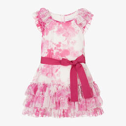 Monnalisa Chic-Girls Pink Floral Tiered Chiffon Dress | Childrensalon Outlet