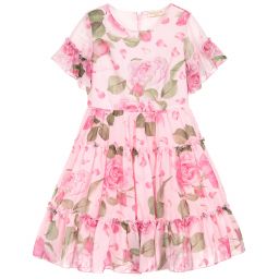 Monnalisa Chic-Girls Pink Roses Chiffon Dress | Childrensalon Outlet