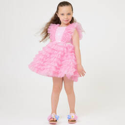 Monnalisa-Girls Pink Tulle Ruffle Dress | Childrensalon Outlet