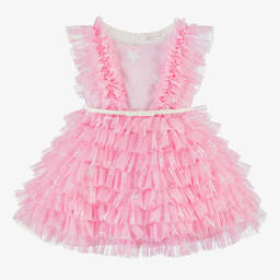 Monnalisa-Girls Pink Tulle Ruffle Dress | Childrensalon Outlet