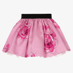Monnalisa Chic-Girls Pink Twill Rose Print Skirt | Childrensalon Outlet