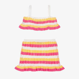 Monnalisa-Розово-желтый вязаный крючком топ и юбка | Childrensalon Outlet