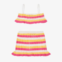 Monnalisa-Розово-желтый вязаный крючком топ и юбка | Childrensalon Outlet