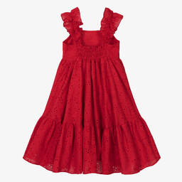 Monnalisa-Girls Red Cotton Broderie Anglaise Dress | Childrensalon Outlet