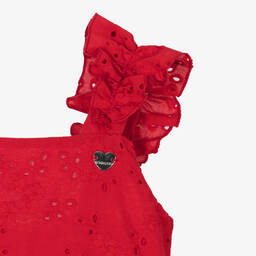 Monnalisa-Girls Red Cotton Broderie Anglaise Dress | Childrensalon Outlet