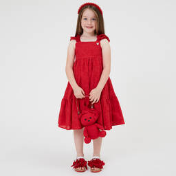 Monnalisa-Girls Red Cotton Broderie Anglaise Dress | Childrensalon Outlet