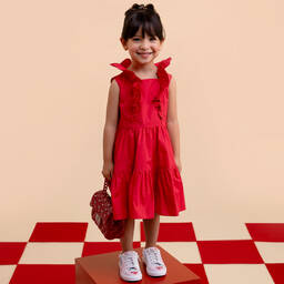 Monnalisa-Girls Red Sleeveless Ruffle Cotton Dress | Childrensalon Outlet
