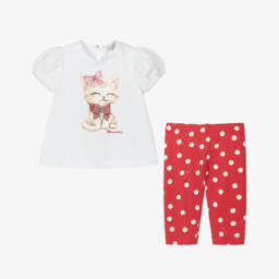 Monnalisa-Комплект леггинсов с котятами красно-белый для девочек | Childrensalon Outlet