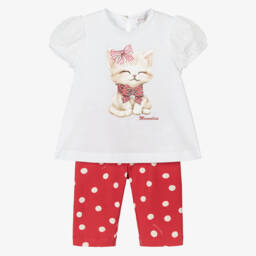 Monnalisa-Комплект леггинсов с котятами красно-белый для девочек | Childrensalon Outlet