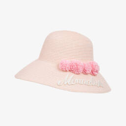Monnalisa-Girls Rosy Straw Hat with Pom Accents | Childrensalon Outlet