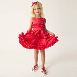Monnalisa-Girls Scarlet Cotton Ruffle Dress | Childrensalon Outlet