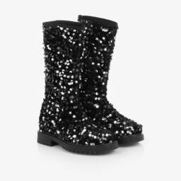 Monnalisa-Girls Sequined Black and Silver Boots | Childrensalon Outlet